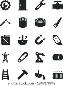 Solid Black Vector Icon Set - safety pin vector, arm saw, stepladder, ntrance door, gear, knife, hammer, canned goods, tin, valve, power line, canister, magnet, pipe, welding, robot welder