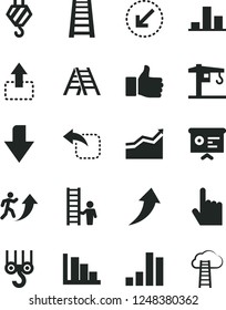 Solid Black Vector Icon Set - downward direction vector, positive histogram, crane, hook, winch, stepladder, ladder, left bottom arrow, index finger, move up, bar chart, financial report, man, graph