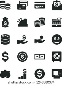 Solid Black Vector Icon Set - bank card vector, strongbox, cards, coins, column of, denomination the dollar, get a wage, catch coin, purse, cash machine, cashbox, pedestal, money bag, eyes, mail