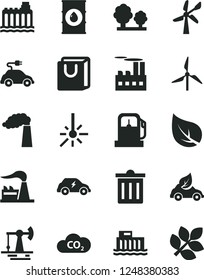 Solid Black Vector Icon Set - bin vector, bag with handles, working oil derrick, leaf, gas station, windmill, wind energy, manufacture, factory, hydroelectric, hydroelectricity, trees, eco car, CO2