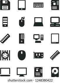 Solid Black Vector Icon Set - floppy disk vector, monitor, computer, tablet pc, notebook, radiator fan, mouse, keyboard, tower, motherboard, memory, card, hdd