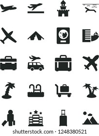 Solid Black Vector Icon Set - suitcase vector, case, sand castle, plane, passenger, rolling, passport, departure, hotel, tent, beach, palm tree, pool, baggage, transfer, mountains