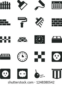 Solid Black Vector Icon Set - paint roller vector, brickwork, brick wall, new, power socket type b, f, tile, ceramic tiles, building block, putty knife, spatula, hedge, pavement, core, calendar