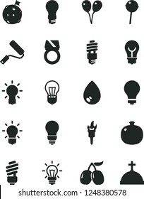 Solid Black Vector Icon Set - matte light bulb vector, colored air balloons, new roller, saving, drop, Chupa Chups, pomegranate, tasty cornels, energy, flame torch, flag on moon, gold ring