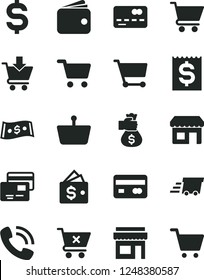 Solid Black Vector Icon Set - cart vector, put in, crossed, cards, kiosk, shopping, basket, reverse side of a bank card, front the, denomination dollar, financial item, wallet, phone call, store