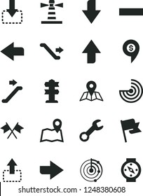 Solid Black Vector Icon Set - upward direction vector, downward, right, left, minus, map, flag, move up, down, lighthouse, repair, radar, cross flags, dollar pin, escalator, signpost, compass