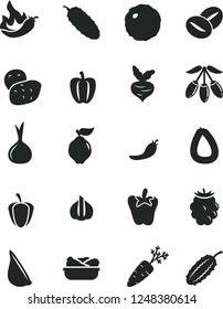 Solid Black Vector Icon Set - stick of sausage vector, lettuce in a plate, cabbage, cucumber, peper, garlic, coffee beans, quince, blackberry, goji berry, Bell pepper, ripe, red, hot, onion, potato