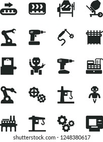 Solid Black Vector Icon Set - crane vector, gears, concrete mixer, cordless drill, industrial enterprise, conveyor, production, cloth industry, tower, gas welding, robot welder, assembly, atm