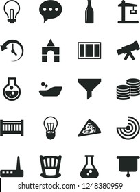 Solid Black Vector Icon Set - incandescent lamp vector, cradle, baby cot, children's bathroom, box of bricks, window frame, speech, coins, piece pizza, bulb, Construction crane, Glass bottle, filter