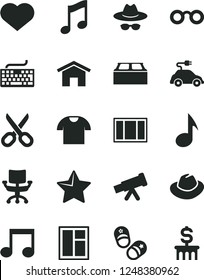 Solid Black Vector Icon Set - heart symbol vector, scissors, keyboard, hat, with glasses, child shoes, window, frame, building block, home, star, music, T shirt, electric car, note, chair, telescope