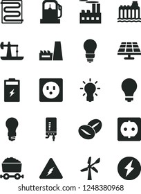 Solid Black Vector Icon Set - matte light bulb vector, heating coil, electronic boiler, coffee beans, charging battery, solar panel, oil derrick, gas station, wind energy, hydroelectricity