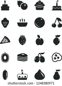 Solid Black Vector Icon Set - cake vector, piece of pizza, muffin, torte, birthday, hot porridge, omelette, blueberries, strawberry, apple, pancakes, orange, cherry, quince, fig, tasty raspberry