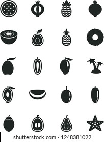 Solid Black Vector Icon Set - a pineapple vector, medlar, half of, mango, loquat, date fruit, passion, sweet, kiwi, tamarillo, guawa, piece coconut, slice, part guava, palm tree, starfish