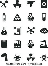 Solid Black Vector Icon Set - round flask vector, manufacture, factory, oil, barrel, industrial building, radiation, carbon dyoxide, water filter, research article, test tube, molecule, nuclear