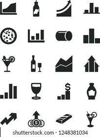 Solid Black Vector Icon Set - growth up vector, bar chart, line, pizza, cocktail, glass, bottle, liquor, pipe, graph, arrows, gold, dollar pedestal, wine