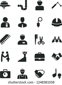 Solid Black Vector Icon Set - accessories for a hairstyle vector, comb, builder, workman, siphon, construction helmet, plummet, employee, camera, welding, briefcase, hand shake, handclasp, agreement
