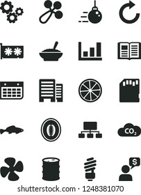 Solid Black Vector Icon Set - clockwise vector, baby rattle, big core, saving light bulb, buildings, book, a bowl of buckwheat porridge, small fish, half melon, slice lemon, fan screw, barrel, CO2