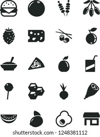 Solid Black Vector Icon Set - vector e, piece of cheese, fried vegetables on sticks, pizza, big burger, a bowl buckwheat porridge, grill chicken leg, beet, Chupa Chups, Chinese chopsticks, egg
