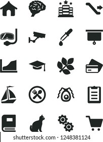 Solid Black Vector Icon Set - brain vector, gears, bactery, book, pipette, graduate hat, clipboard, growth graph, biology, presentation board, sail boat, escalator, credit card, boungalow, cafe