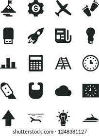 Solid Black Vector Icon Set - upward direction vector, calculator, bib, children's tracks, ladder, knife, light bulb, rocket, chart, wall watch, black clock, morning paper, usb flash, cloud, plane