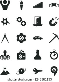 Solid Black Vector Icon Set - gears vector, magnet, drawing compass, saturn, stopwatch, resistor, flame torch, bang, pawn, stairway, mountain flag, mine axe, exit door, hands up man, dollar gear