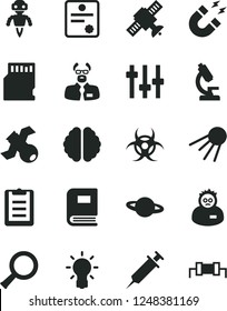 Solid Black Vector Icon Set - artificial satellite vector, planet, sd card, microscope, zoom, bulb, brain, settings, book, biohazard, magnet, scientist, clipboard, robot, syringe, patente, resistor