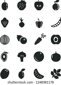 Solid Black Vector Icon Set - beet vector, blueberries, strawberry, strawberries, orange, half apricot, tasty apple, blueberry, water melon, of mango, slice tangerine, passion fruit, sour lime, peas