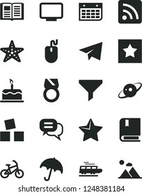 Solid Black Vector Icon Set - paper airplane vector, rss feed, cubes for children, e, star, book, umbrella, cake, filter, wall calendar, mouse, monitor, saturn, gold ring, dialog, train, bike