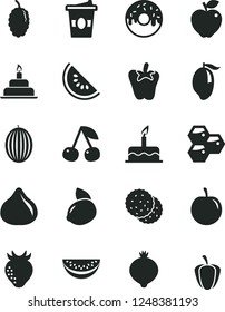 Solid Black Vector Icon Set - cake vector, birthday, glazed with a hole, peper, coffe to go, biscuit, honeycombs, cherry, red apple, strawberry, fig, medlar, mulberry, melon, slice of water, mango