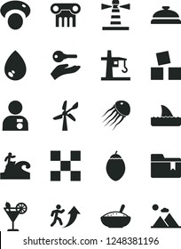 Solid Black Vector Icon Set - folder bookmark vector, cubes for children, tile, drop, a bowl of rice porridge, cocktail, tamarillo, mashroom, wind energy, tower crane, lighthouse, man arrow up