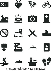 Solid Black Vector Icon Set - plane vector, bike, backpacker, ticket, getting baggage, aquapark, medical room, flippers, surfing, hotel, camera, map, access card, receptionist, no smoking sign