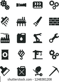 Solid Black Vector Icon Set - crane vector, brickwork, hook, concrete mixer, hand saw, construction level, putty knife, spatula, oil, industrial building, enterprise, gears, conveyor, canister, of