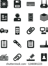 Solid Black Vector Icon Set - clip vector, keyboard, interroom door, drawing, stationery knife, pile, address book, operator, article on the dollar, computer, pc tower, router, floppy, projector