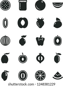 Solid Black Vector Icon Set - peper vector, jam, orange, quince, strawberry, half of medlar, water melon, mango, loquat, delicious plum, peach, slice, cherry, sweet date fruit, lemon, yellow