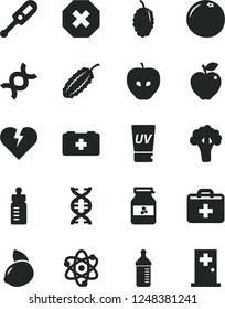 Solid Black Vector Icon Set - mark of injury vector, first aid kit, feeding bottle, measuring for, electronic thermometer e, bag a paramedic, broken heart, jar jam, red apple, tasty, mulberry, atom