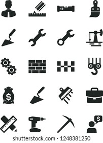 Solid Black Vector Icon Set - brickwork vector, winch hook, trowel, building, drill, plastic brush, construction level, writing accessories, drawing, ceramic tiles, spatula, employee, suitcase