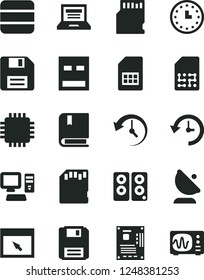 Solid Black Vector Icon Set - floppy disk vector, laptop, e, satellite antenna, SIM card, wall watch, computer, motherboard, cpu, usb, pc speaker, browser, sd, big data, history, oscilloscope