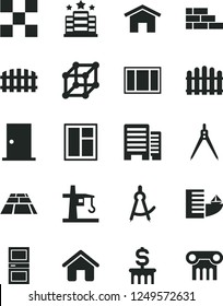 Solid Black Vector Icon Set - house vector, brick wall, window, frame, ntrance door, interroom, buildings, tile, fence, hedge, paving slab, home, tower crane, drawing compass, 3d cube, dollar column