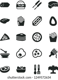 Solid Black Vector Icon Set - plates and spoons vector, iron fork, sausage, stick of, cheese, pizza, piece, Hot Dog, burger, spaghetti, lettuce in a plate, bacon, chop, barbecue, French fries, egg