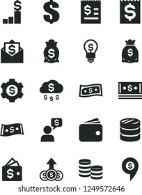 Solid Black Vector Icon Set - dollar vector, coins, column of, article on the, financial item, wallet, dollars, cash, money rain, pedestal, bag, gear, idea, growth, mail, dialog, pin