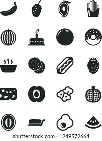 Solid Black Vector Icon Set - cake vector, piece of cheese, Hot Dog, slice, glazed with a hole, porridge, fried potato slices, popcorn, egg, biscuit, half apricot, pomegranate, tasty raspberry