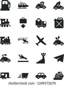 Solid Black Vector Icon Set - paper airplane vector, motor vehicle, baby toy train, delivery, gas station, canister, eco car, environmentally friendly transport, electric, autopilot, urgent cargo