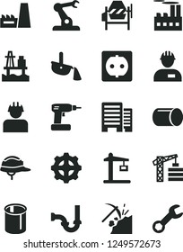 Solid Black Vector Icon Set - tower crane vector, workman, concrete mixer, cordless drill, sewerage, buildings, helmet, sea port, coal mining, power socket, industrial building, thermal plant, gear