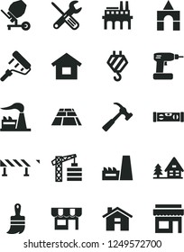 Solid Black Vector Icon Set - house vector, box of bricks, tower crane, dwelling, hook, concrete mixer, small tools, cordless drill, paint roller, wooden brush, building level, paving slab, kiosk