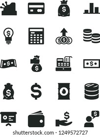 Solid Black Vector Icon Set - oil vector, reverse side of a bank card, coins, column, chart, denomination the dollar, get wage, wallet, dollars, engineer calculator, cash machine, cashbox, idea