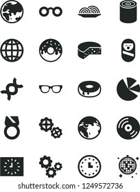 Solid Black Vector Icon Set - roly poly doll vector, gears, CD, earth, cheese, tin, onion, cake with a hole, glazed, planet, pie charts, wall watch, black clock, glasses, dna, gold ring, disco ball