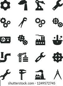 Solid Black Vector Icon Set - repair key vector, tower crane, gears, cogwheel, adjustable wrench, water pipes, manufacture, factory, industrial building, gear, robot welder, steel, calipers, three