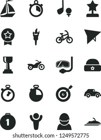 Solid Black Vector Icon Set - warm hat vector, timer, racer, retro car, stopwatch, flame torch, winner, gold cup, star reward, target, first place medal, sail boat, hang glider, bike, motorcycle