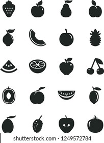 Solid Black Vector Icon Set - strawberry vector, apple, cherry, ripe peach, quince, apricot, red, tasty, mulberry, slice of melon, loquat, delicious plum, water, lemon, pineapple, half grapefruit
