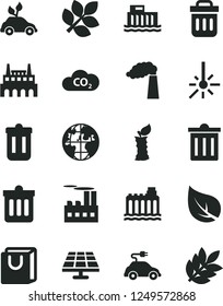 Solid Black Vector Icon Set - bin vector, dust, bag with handles, apple stub, solar panel, leaf, manufacture, hydroelectric station, hydroelectricity, industrial building, factory, electric car, CO2